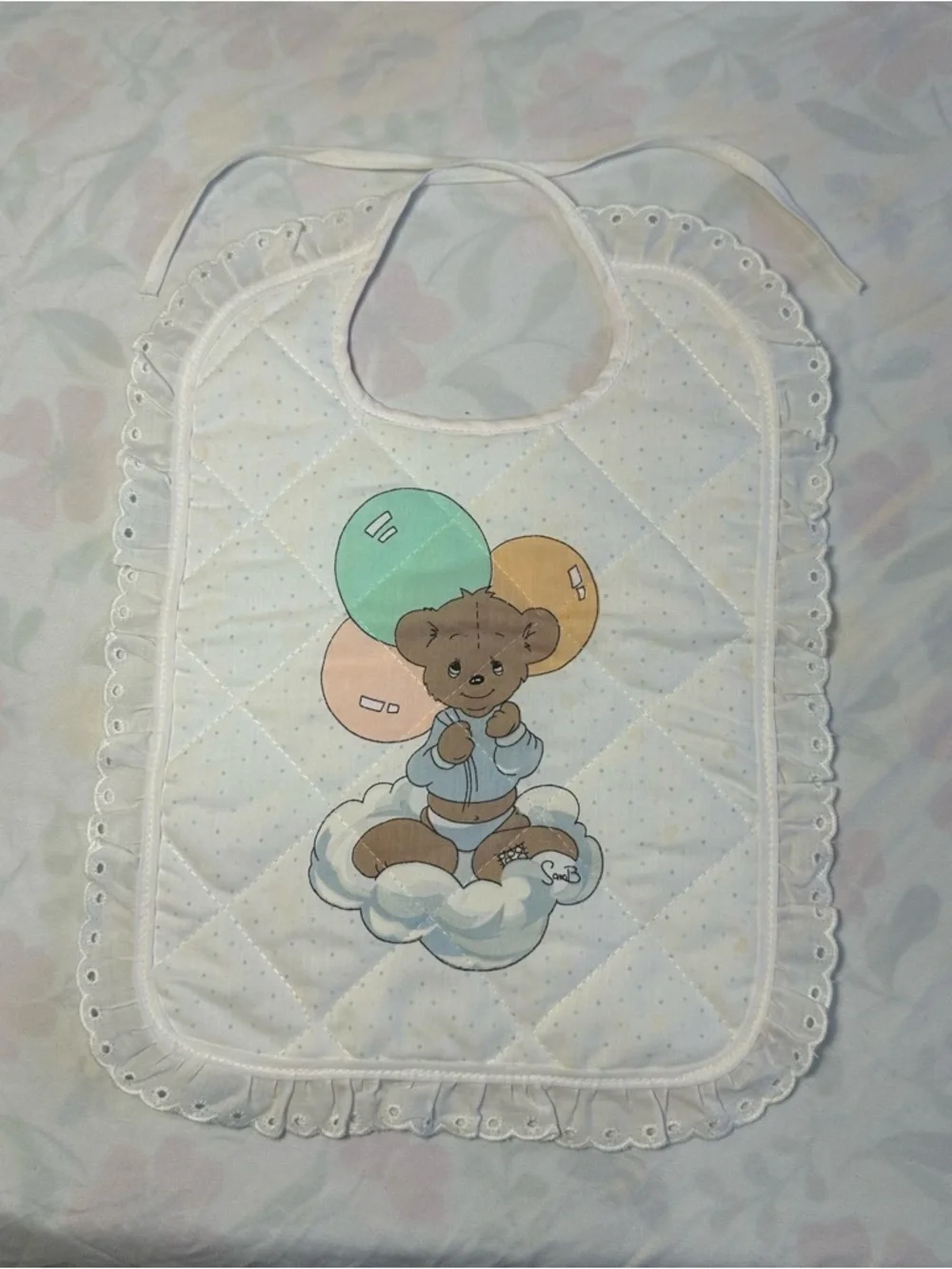 Vintage Precious Moments Quilted Baby Bib Teddy Bear Cloud 1980s